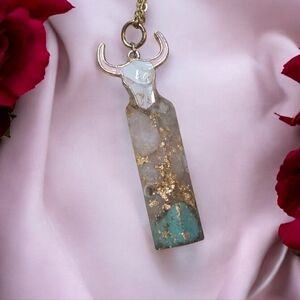 Rose Quartz & Turquoise Resin Cylinder Pendant Necklace | Gold Foil Accent | 20”